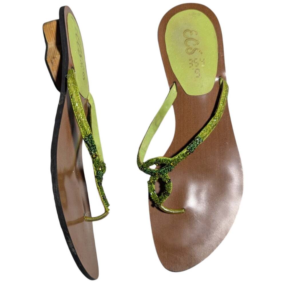 Vtg Y2K ECS Lime Green Beaded Low Wooden Heel Toe Post Thong Sandals Sz 9